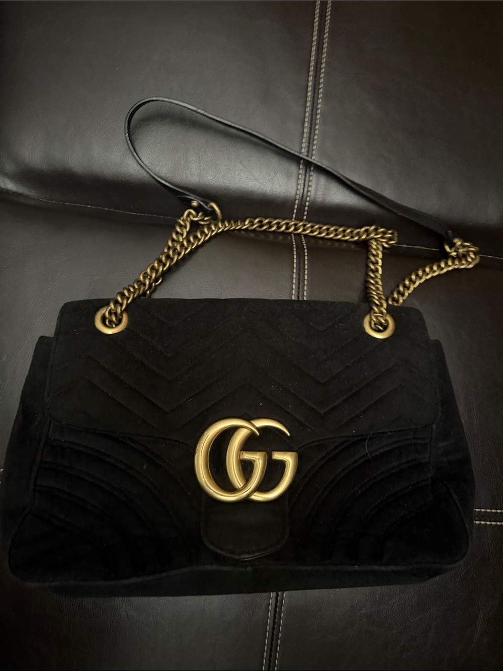 Gucci Black Velvet Shoulder Bag with Gold Double G